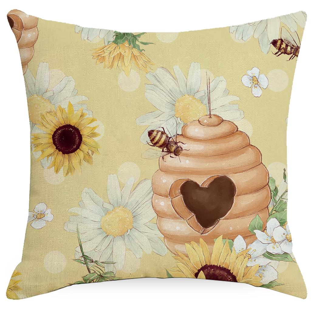 Sunflower Bee Printed Linen Pillow Cover Spring and Summer Flowers Pillow Sofa Pillow Cushion Cover