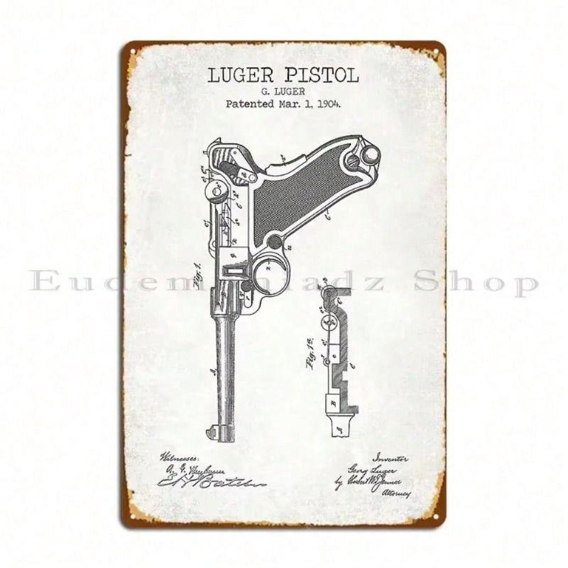 Vintage Luger Pistol Patent Blueprint Metal Poster Wall Art Bar Man Cave Decor