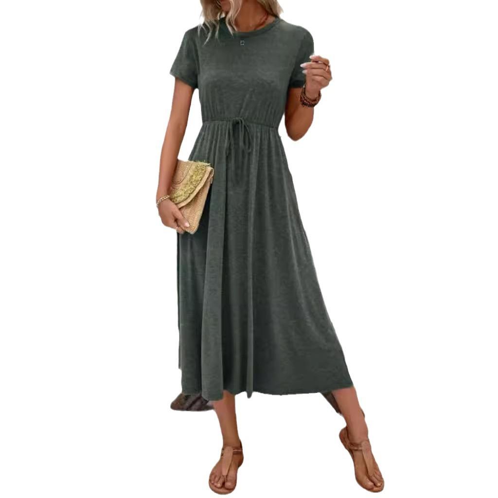 Round Neck Dress Women's Summer Solid Colour Short Sleeve Plus Size Dresses