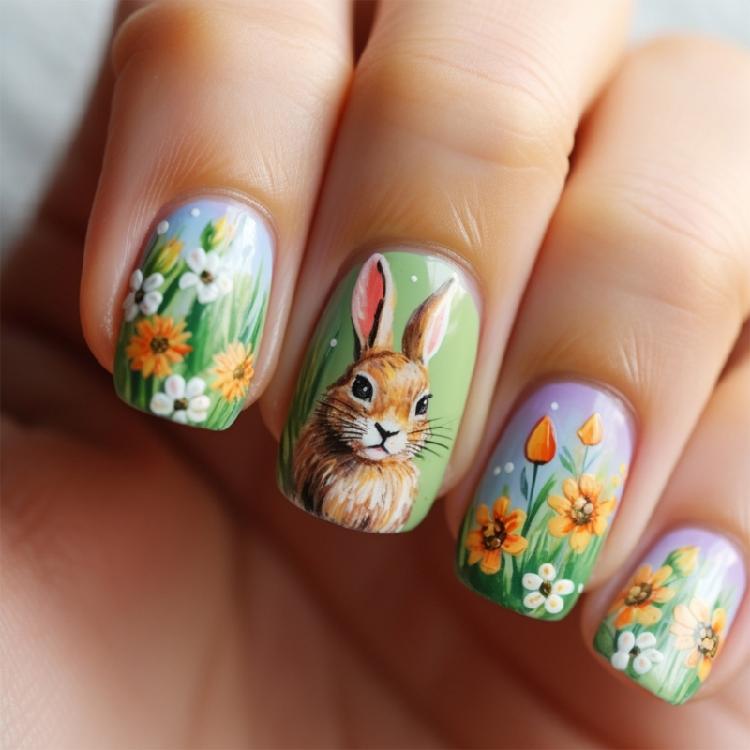 

24pcs Short Square False Nail Featuring Easter Floral Designs Easy to Apply Press on Nail Full Cover Stick on Nail 1