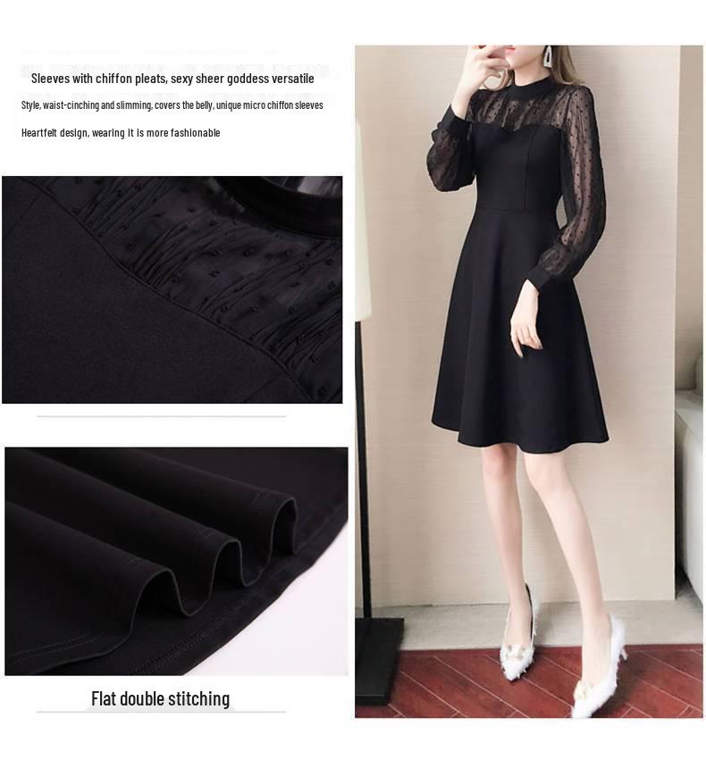 Plus Size Lace Slimming Dress - Cinched Waist, Long Sleeve, Spring & Autumn