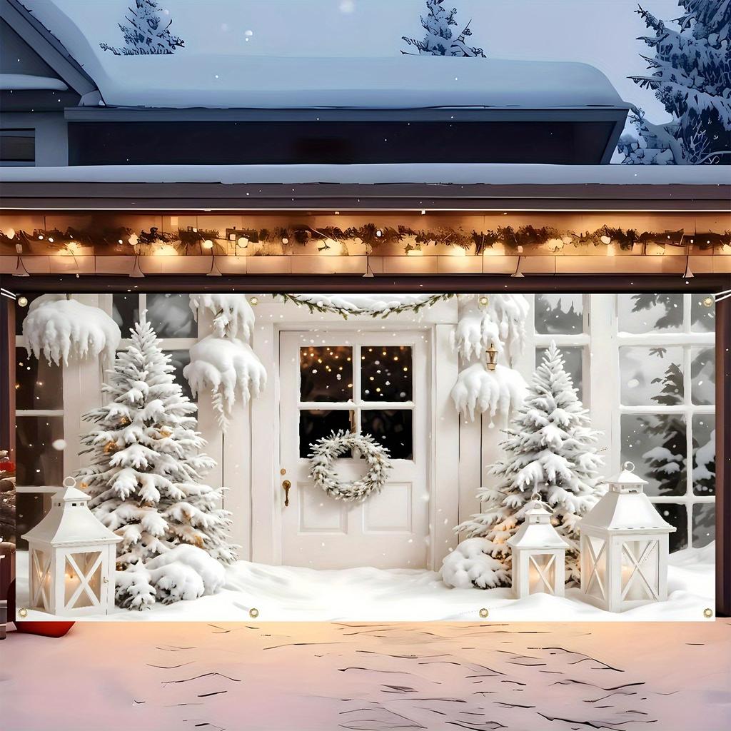Ein weihnachtliches Garagentor-Banner im Stil eines Winterwunderlandes, Hintergrund mit Schneeszene aus Polyester, Feiertags-Wanddekoration