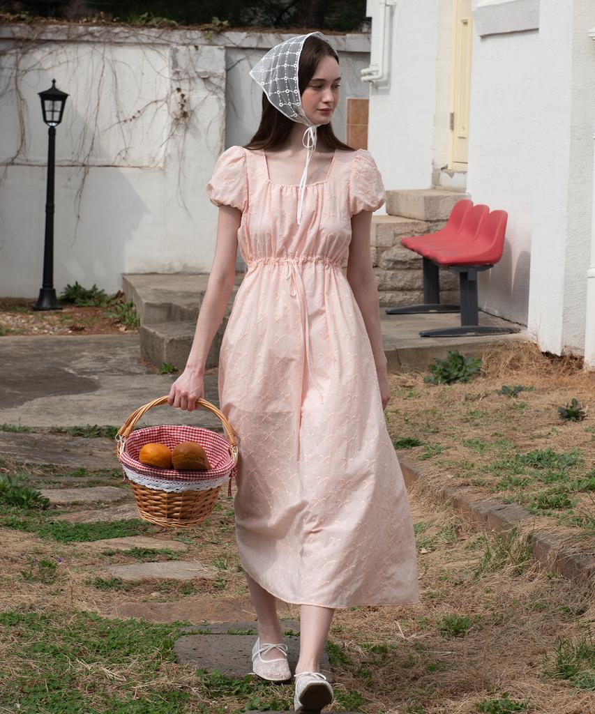 Leusyua Bow Shirred Puff Dress - Coral