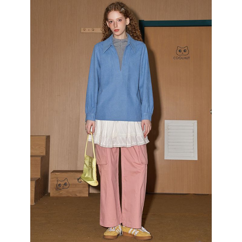 Coolhut Blue Lazy Style Retro Corduroy Shirt Women's Loose Casual Versatile Top