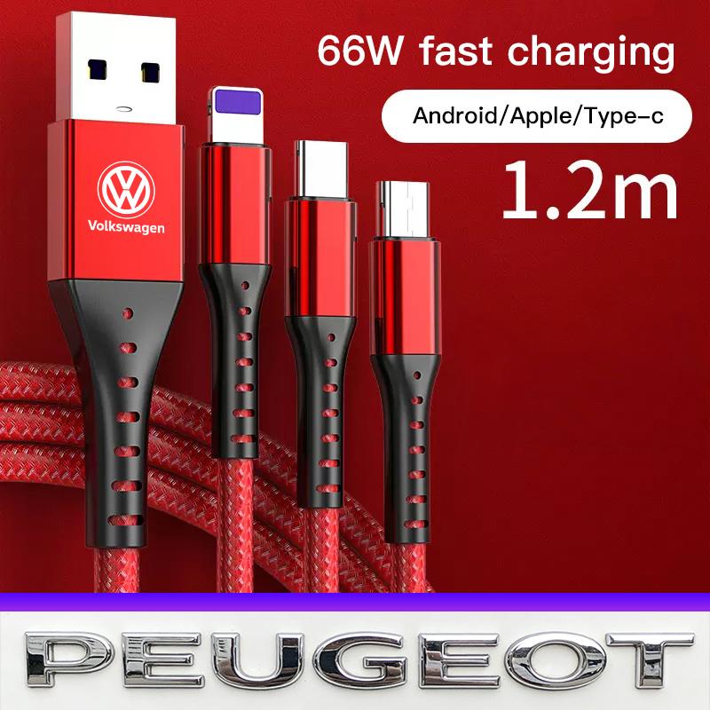 USB Car 3-in-1 Phone Charging Cable Auto Accessories Valve Cap For VW Golf Amarok T5 Phaeton Teramont ID3 Tiguan T-Cross Passat