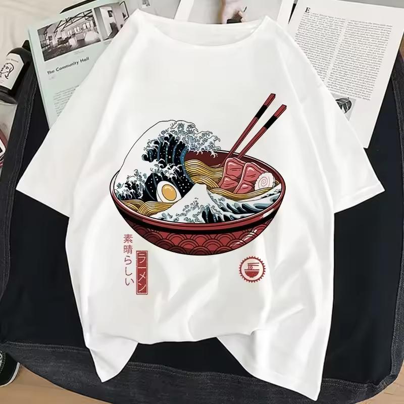 Women's Ramen-Style Japanese Print T-Shirt, Harajuku Style White T-Shirt,2026 Summer Fashion Y2K Women's T-Shirt Graphic Tshirts