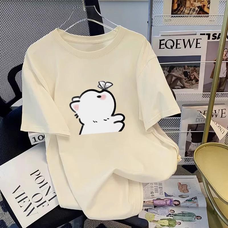 

Korean Style Loose Fit Cartoon Print Women s Mid-Length Pure Cotton Short Sleeve Tee S