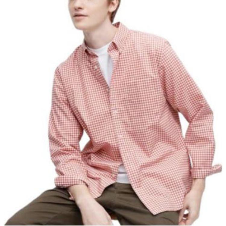 UNIQLO Plaid Single-Breasted Collar Long Sleeve Shirt Unisex shirts Garnet-Red 456649-14