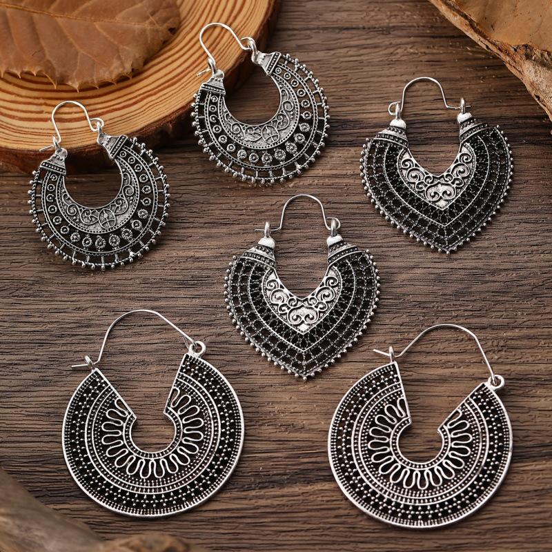 Bohemian Carved Hollow Heart & Geometric Semicircle Earrings