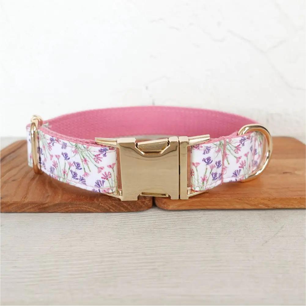 Personalized Dog Collar with Free Engraving, Matching Pet Leash,Customzied Contacts Metal Buckle,Pink Flowers Pet Collar