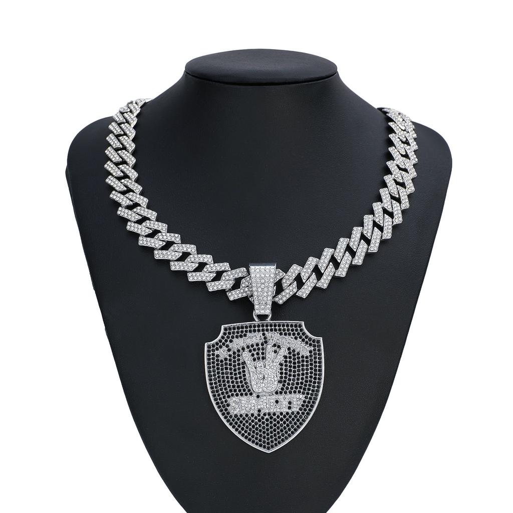 European American Hip Hop Team Full Rhinestone Gesture Shield Pendant, High-end Hiphop Trendsetter Rap Crew Necklace