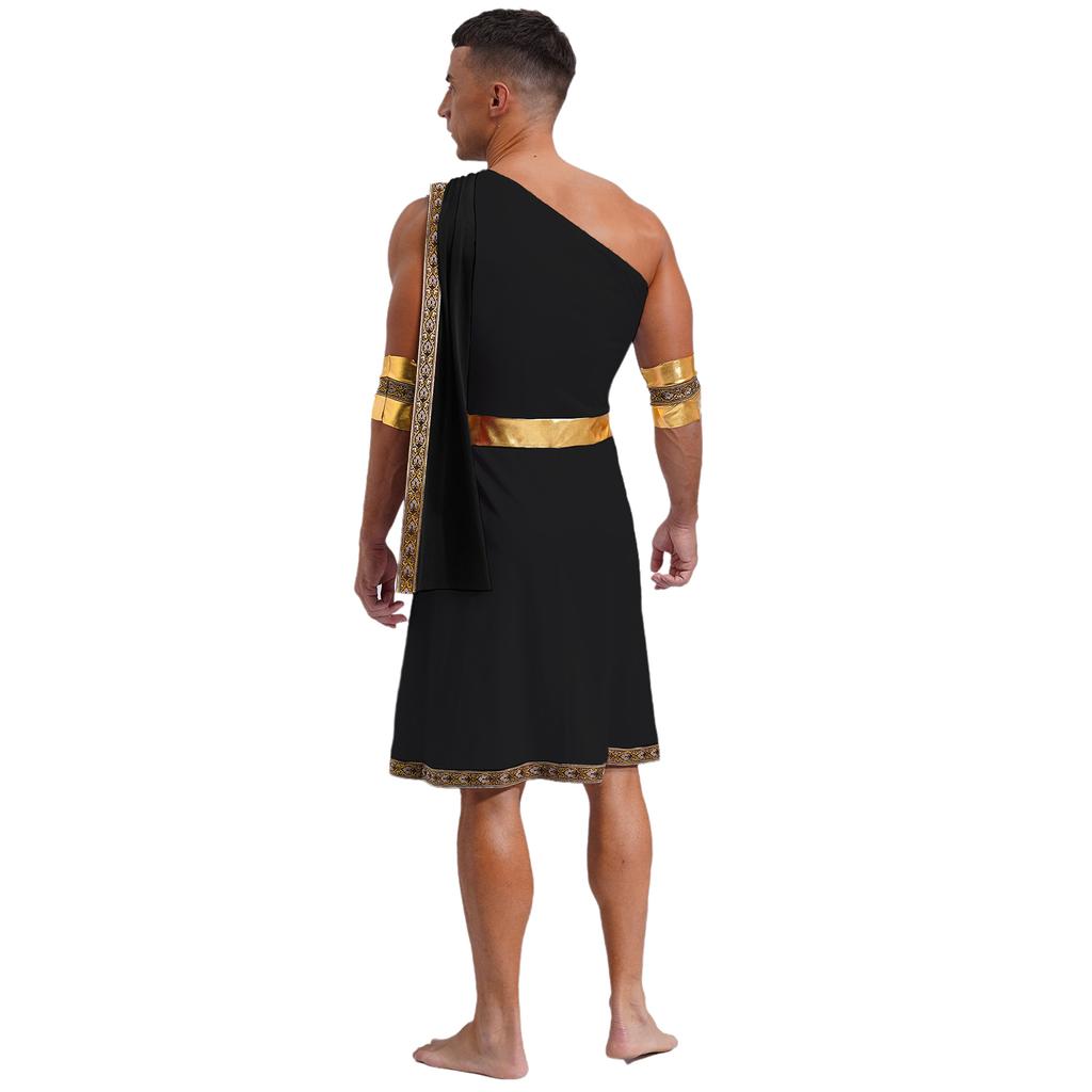 Mens One Shoulder Greek Toga Sleeveless Robe Embroidered Trim Detachable Cuffs Ancient Costume Halloween Outfit