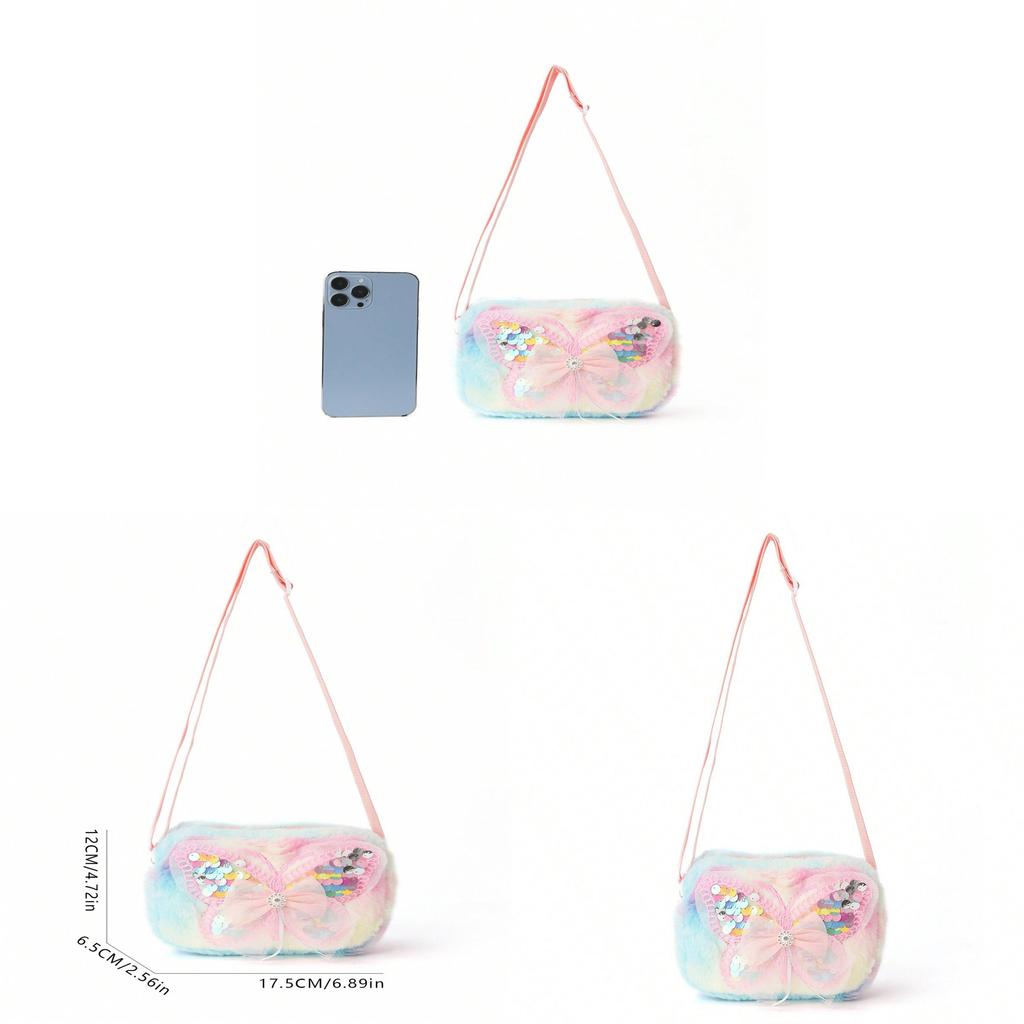 Kids Pink Butterfly Pattern Polyester Fluffy Shoulder Bag For School And Outings