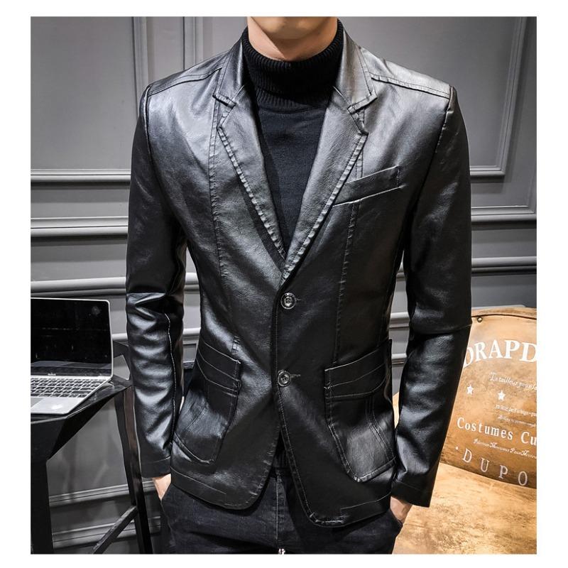 Spring New Thin Men's Leather Jacket, Korean Style Trendy Slim Leather Suit PU Leather Jacket Suit Men's Jacket