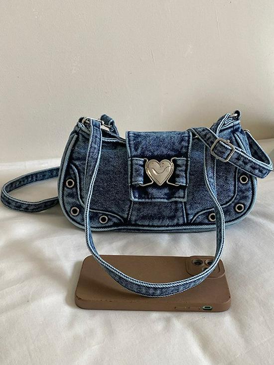 Cross-border Denim Heart One-Shoulder Bag - 2026 New Korean Rivet Trendy Cool Crossbody Bag for Travel and Commute