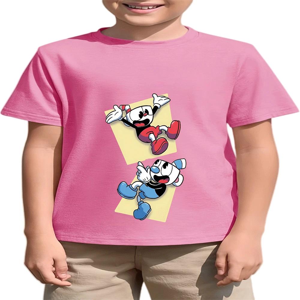 2026 Hot Sale Boys Girls Kids Cuphead Cotton T-Shirt Summer Fashion Cartoon Print 2-14Y