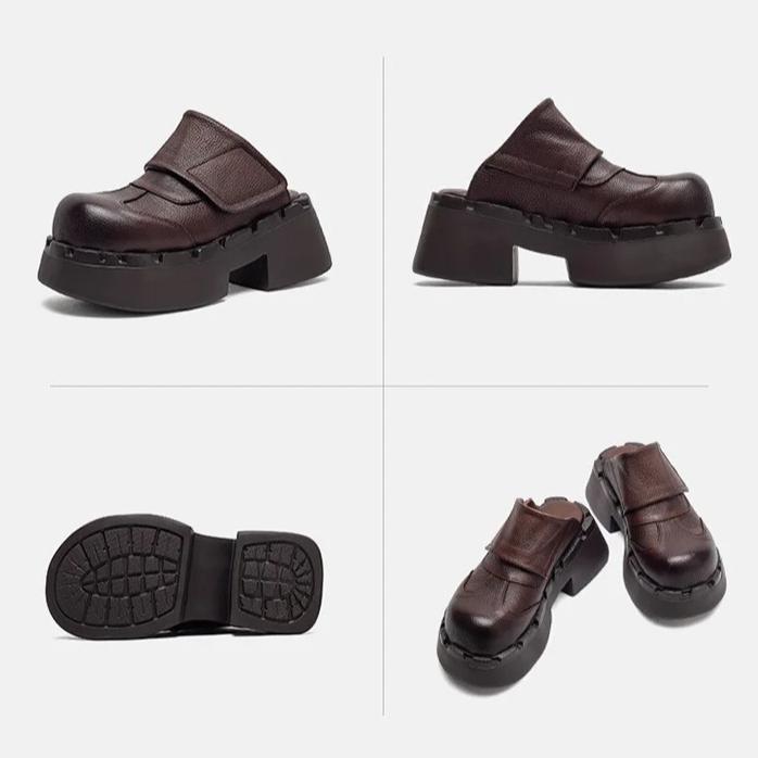 Johnature Retro Genuine Leather Outdoor Slippers Thick Heel Comfortable Slip-on Women's Platform Shoes