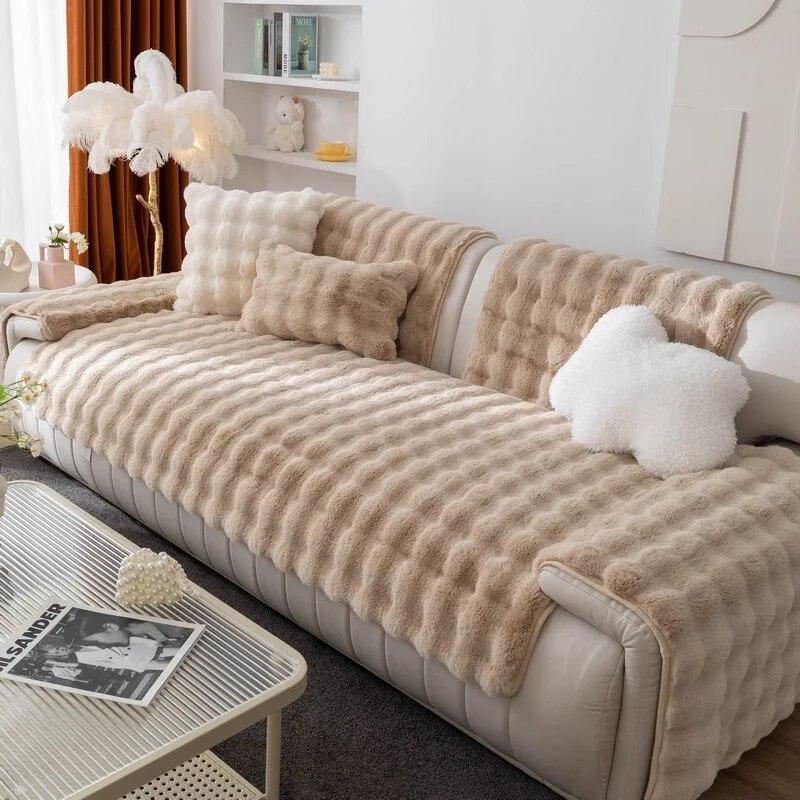 Thicken Rabbit Plush Sofa Cover Towel Solid Color Sofa Cushion Massage Anti Slip Multi-functional Suitable for Backrest Pillow
