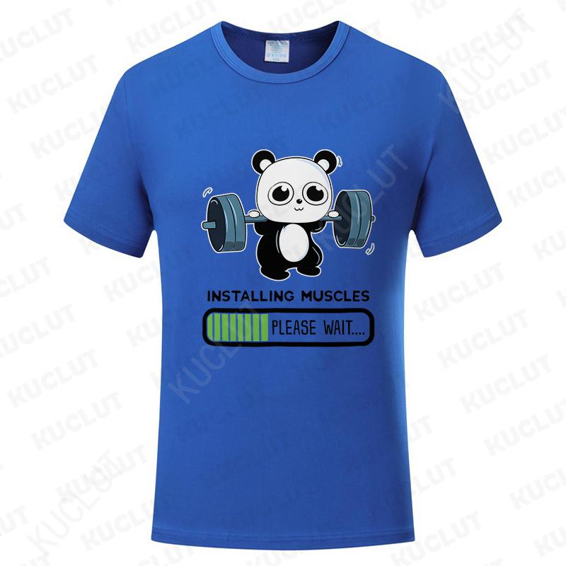 Funny Panda Gym Print T-Shirt Unisex Tees for Men Women O-neck Casual Short Sleeved Weightlifting Installing Muscles Basic Tops