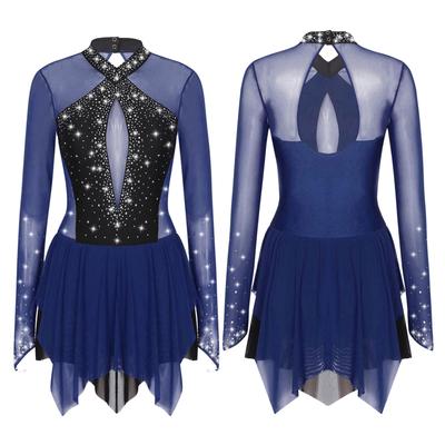 Frauen Glänzende Strass Eiskunstlauf Kleid Ballett Rhythmische Gymnastik Lyrical Dance Kostüm Langarm Sheer Mesh Trikot Kleid