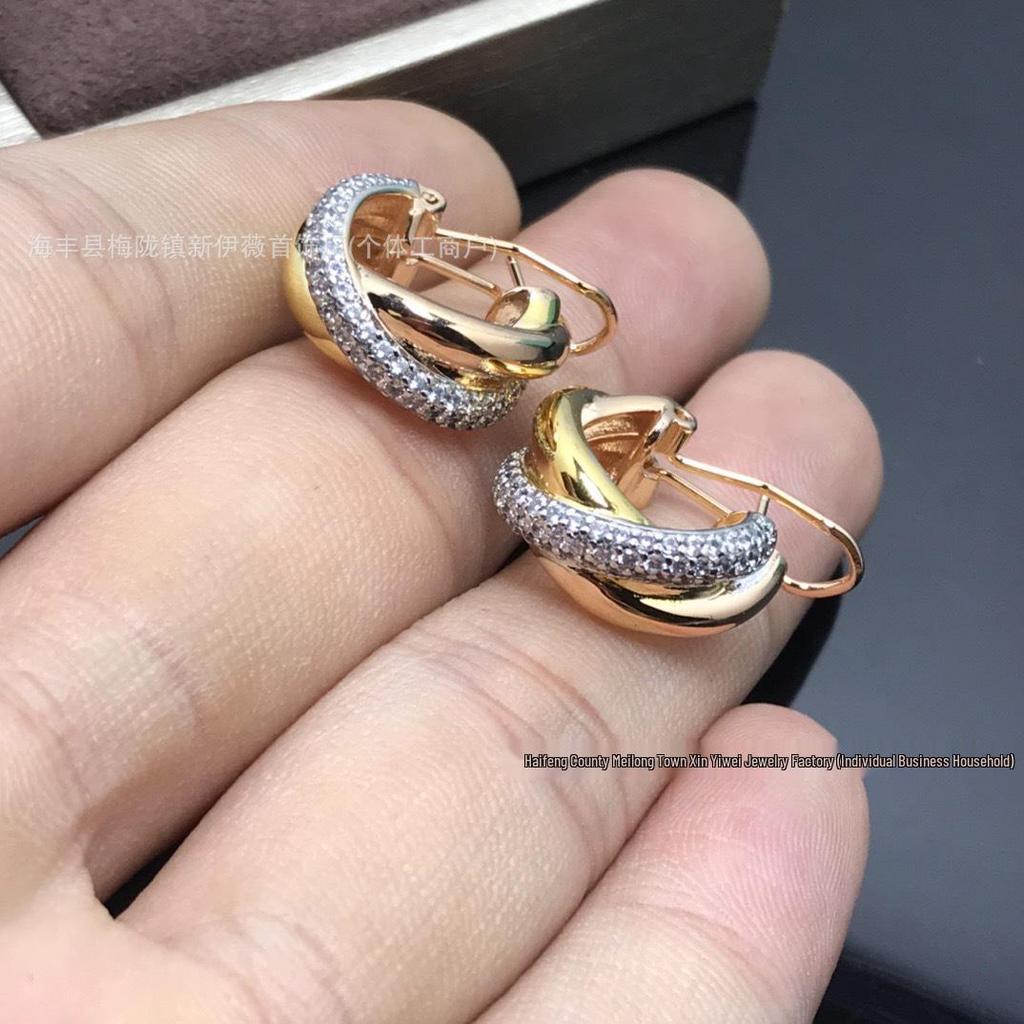 Elegant Tri-Color Three-Ring Earrings - Rose Gold Women's Jewelry