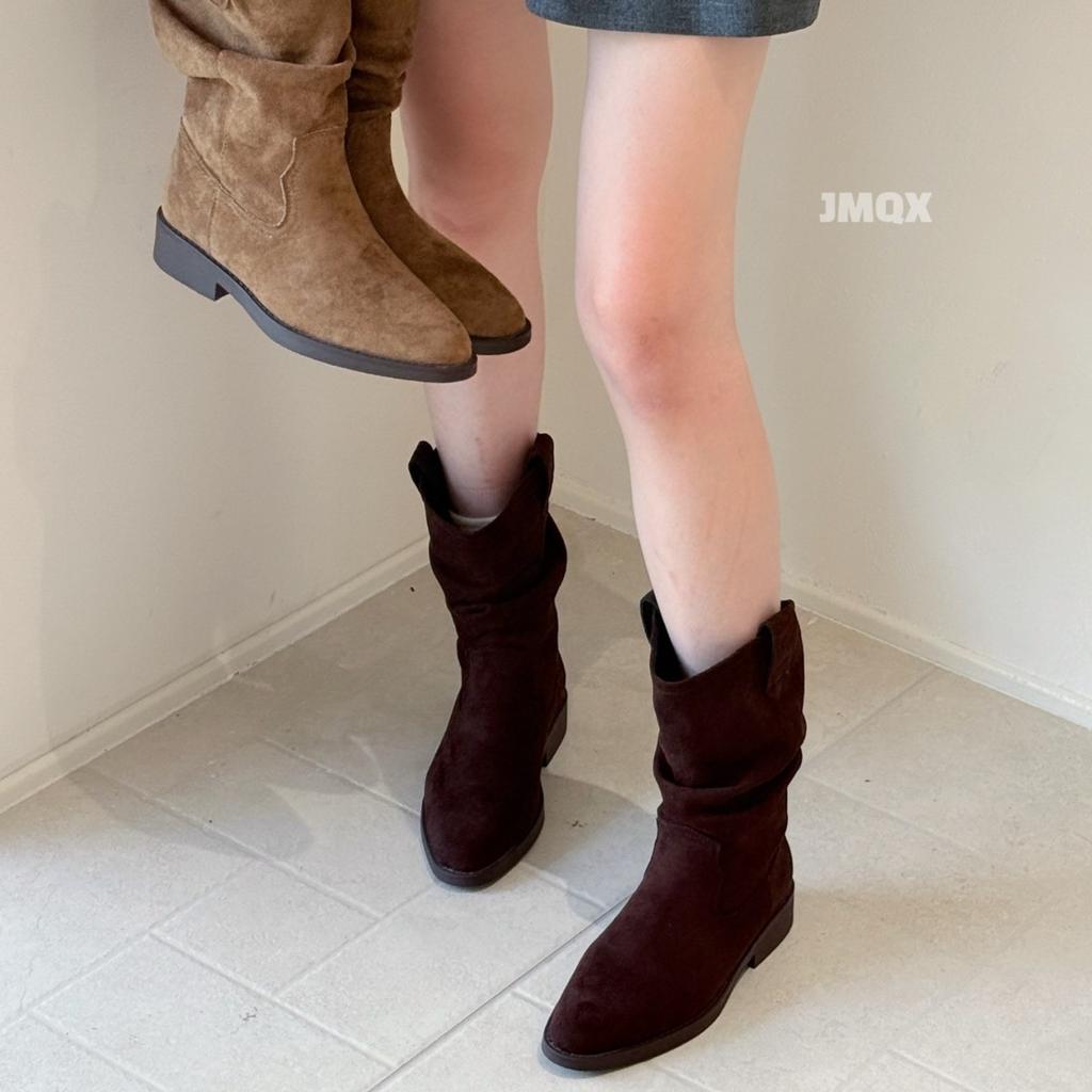 Vintage Suede Maillard Boots Women's Autumn and Winter Coarse Heel Pointed Pleated Pile Boots Western Cowboy Boots Short Boots