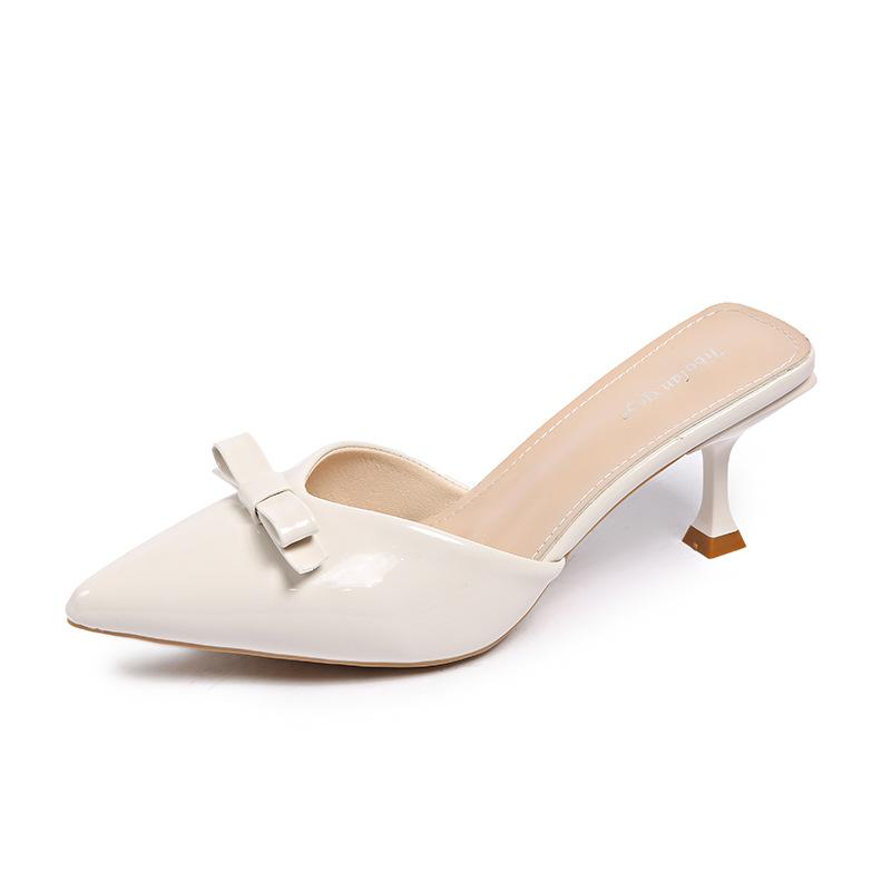 

High-heeled fashion pointed cool slippers 2025 summer French new temperament bow thin heel bag head half slippers women 35