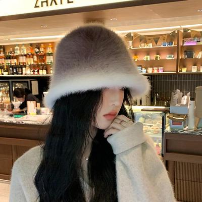 Women's Korean Gradient Rabbit Fur Hat - Trendy Autumn/Winter Warm Bucket Hat