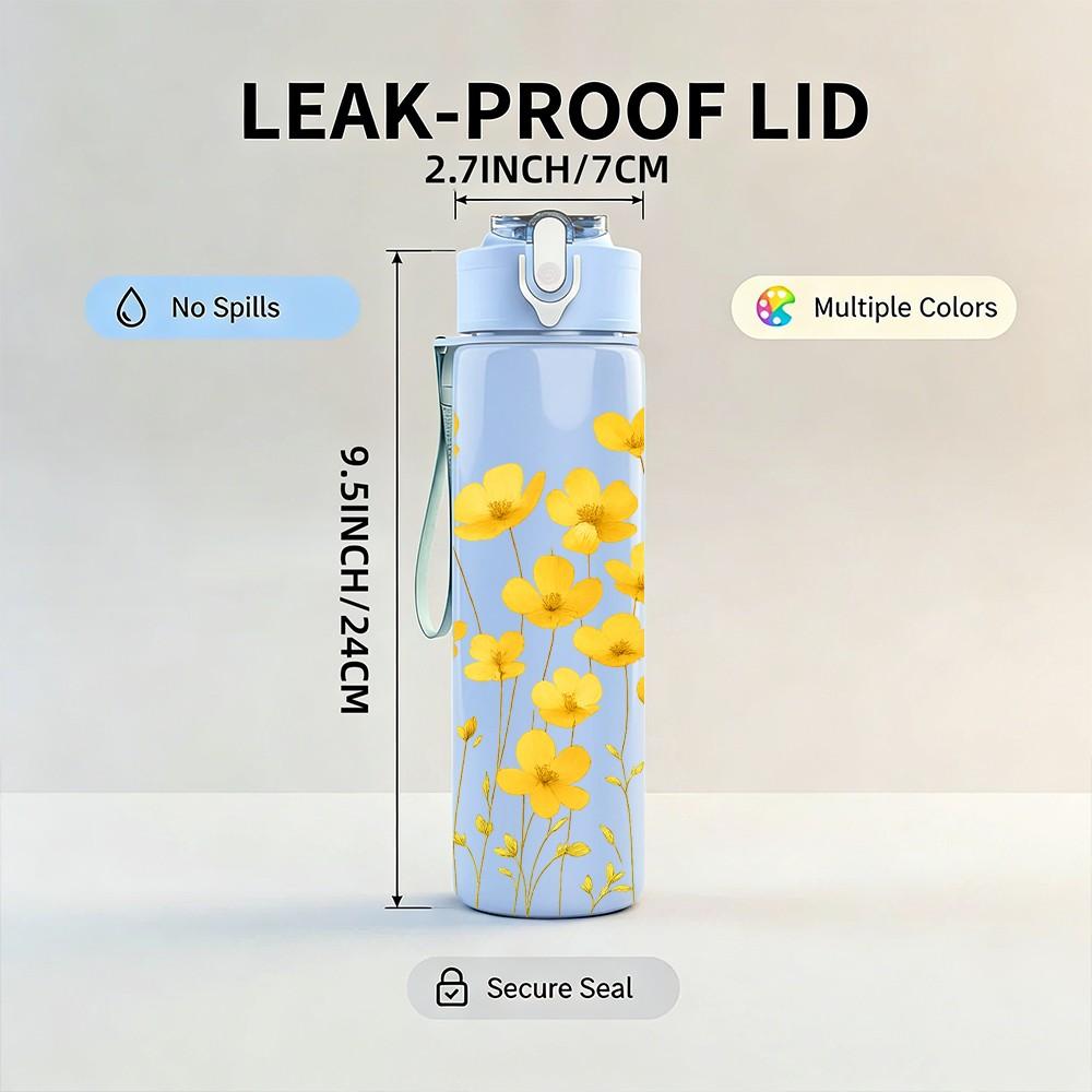 1PC Yellow Wildflower Bouquet Print 750ml Color Plastic Sports Water Bottle Leakproof Flip Straw Lid Suitable for Sports Office Home Use
