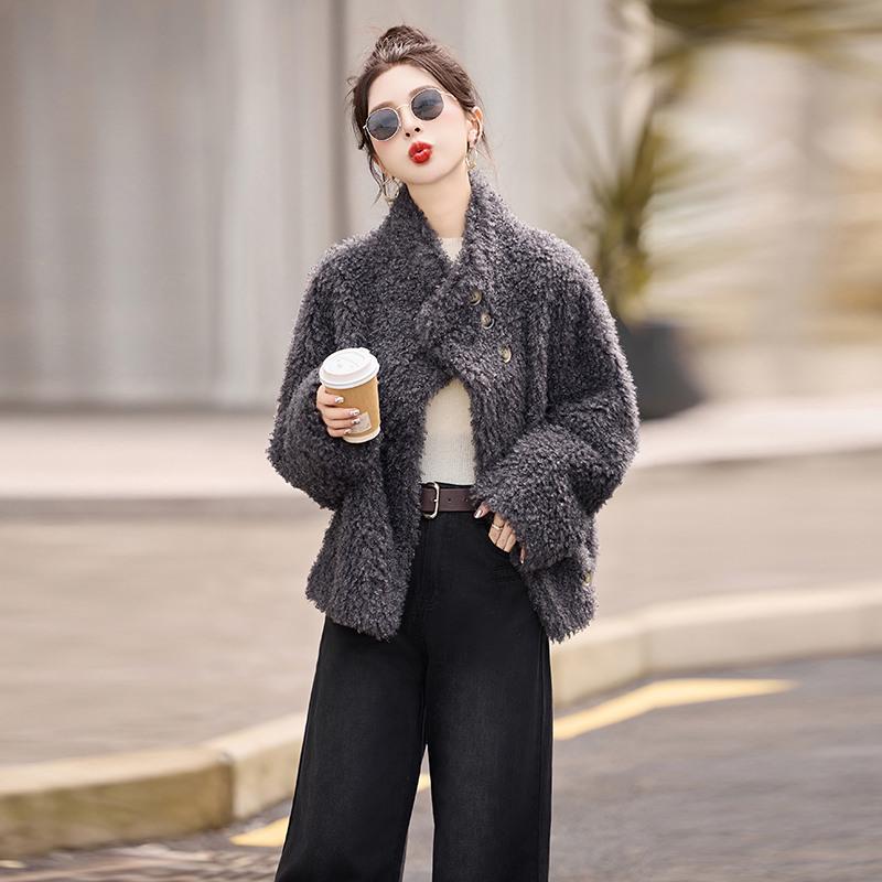 Women's Wool Fur-Trim Coat - Autumn/Winter, Casual Loose Fit, Stand-Up Collar, Single-Breasted (HE8835)