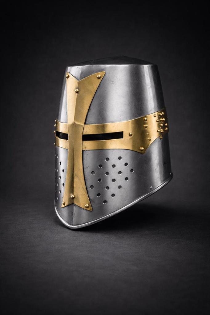 Medieval Crusader Knight Helmet Steel Templar Armor with Brass Cross LARP Costume