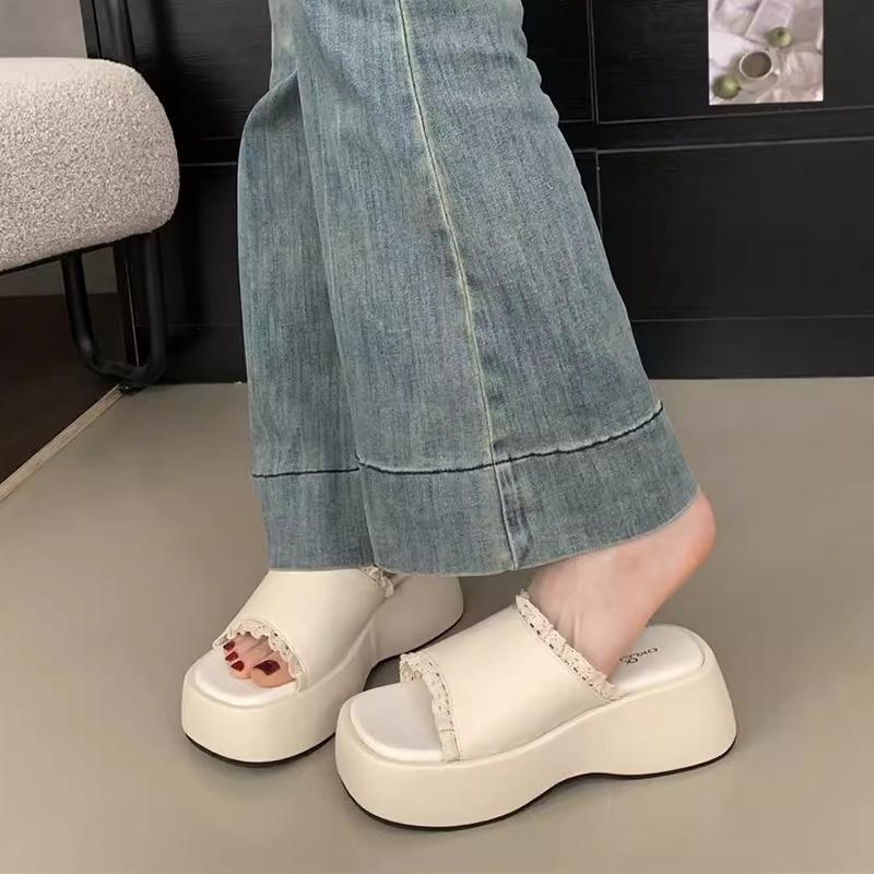 French Thick Heel Women's Open-Toe Summer Outdoor Lace Trim Sweet Slippers Rubber Sole Microfiber Material Ladies Slippers