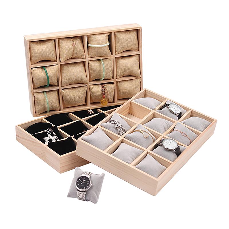Drewniany 12-miejscowy organizer na zegarki, biżuterię i bransoletki z wyjmowanymi poduszkami flanelowymi