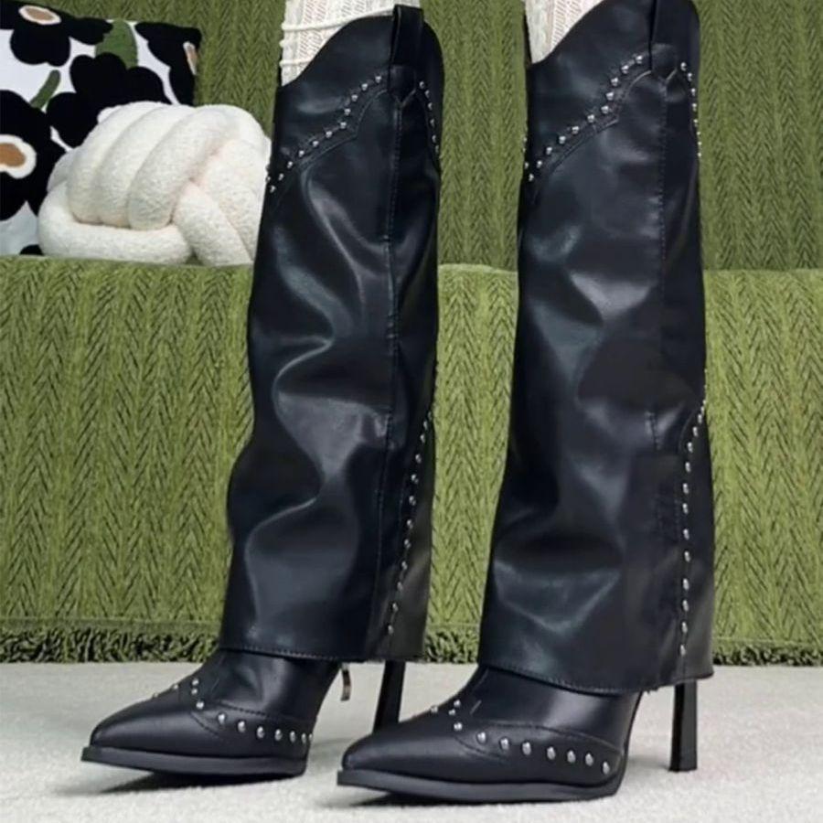 Black Retro Style Pointed Rivet Trouser Boots 2025 New Niche Design Sense Fashionable Versatile Western Cowboy Boots