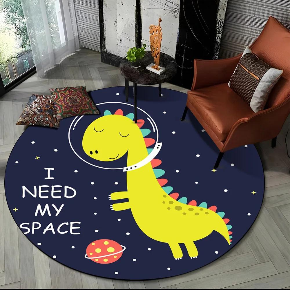 Cartoon Dinosaur Space Cute Dino Children Area Rug,Round Carpet for Living Room Bedroom Sofa Decoration,Kids Non-slip Floor Mat