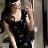 Summer New French Retro Flying Sleeve Butterfly Print Dress Black Fishtail Dress