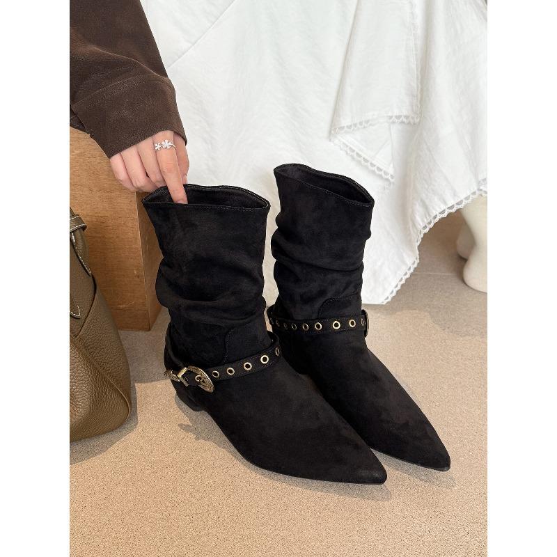 

Retro thick heel two wear pointed knight boots women s autumn and winter new suede belt buckle versatile and thin boots 40 чёрный