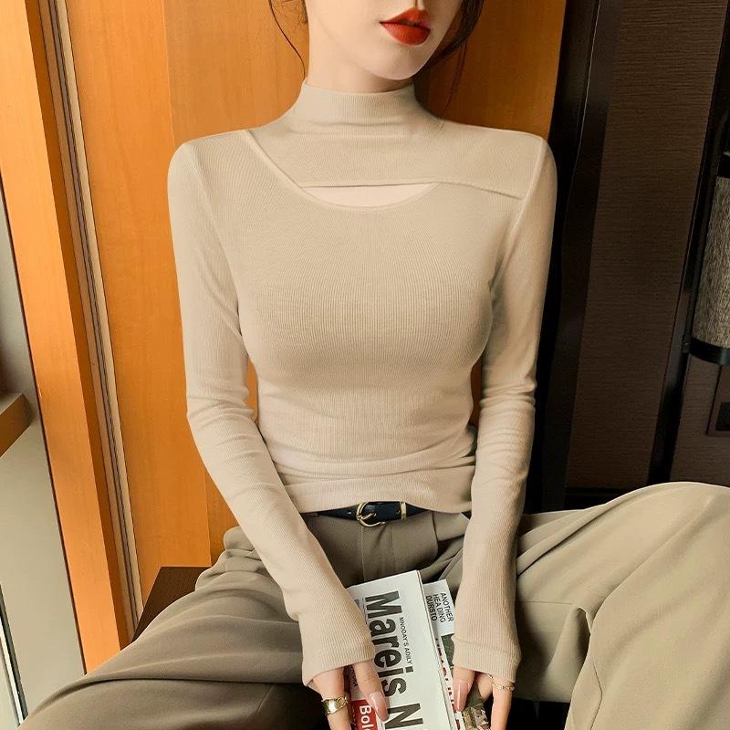 Black semi-turtleneck hollow t-shirt bottoming shirt women's autumn and winter design sense temperament slim and thin versatile long-sleeved top