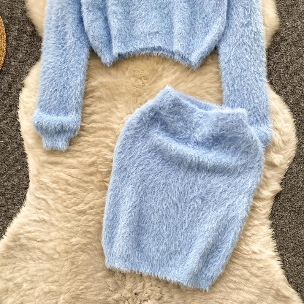 Autumn Women Sweet Mohair Knit Sweater Suit O Neck Long Sleeve Pullover Tops+High Waist Bodycon Pencil Skirt Lady Solid Two Piece Set