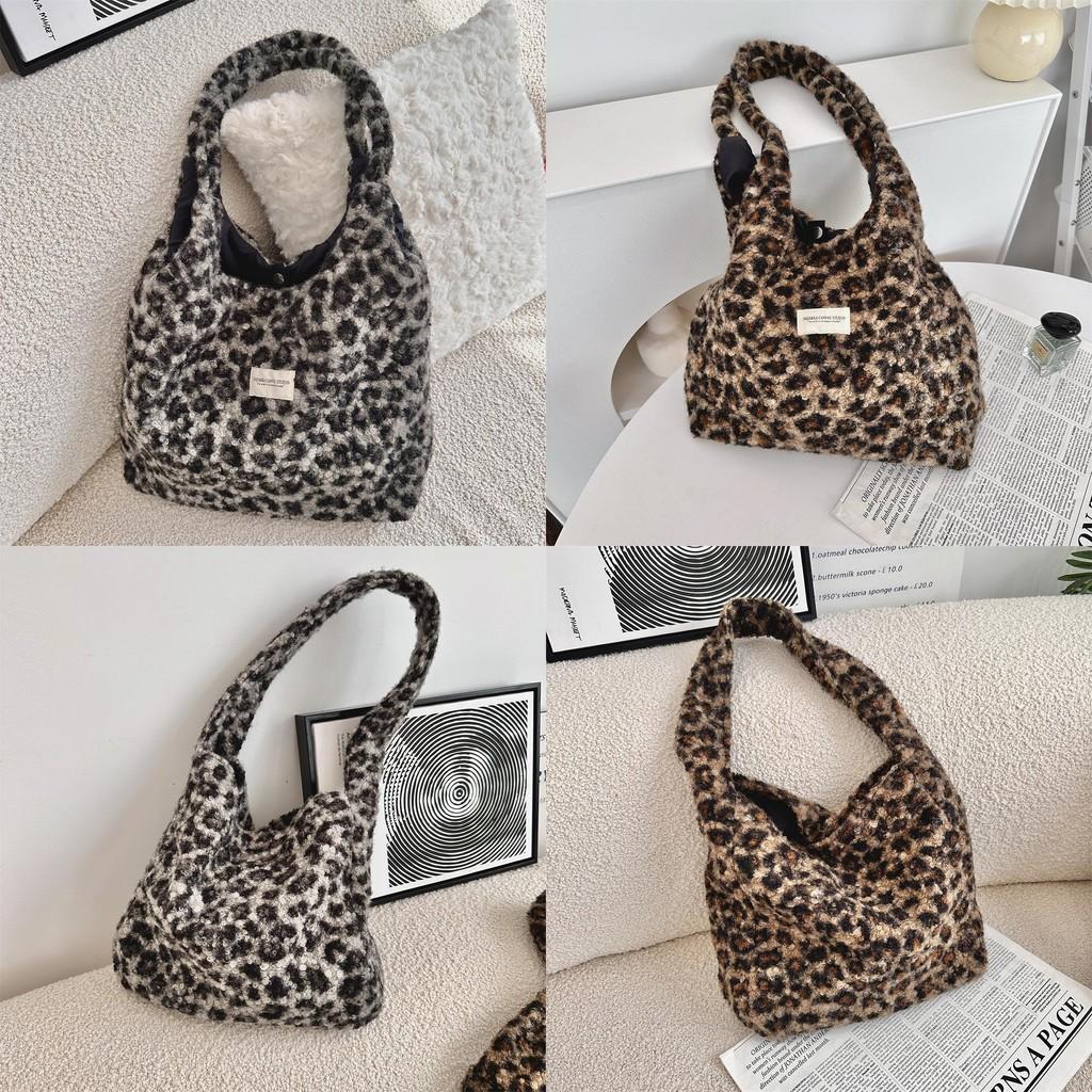 Fashionable Korean Ins Style Large Capacity Faux Lamb Wool Tote Bag In Leopard Print