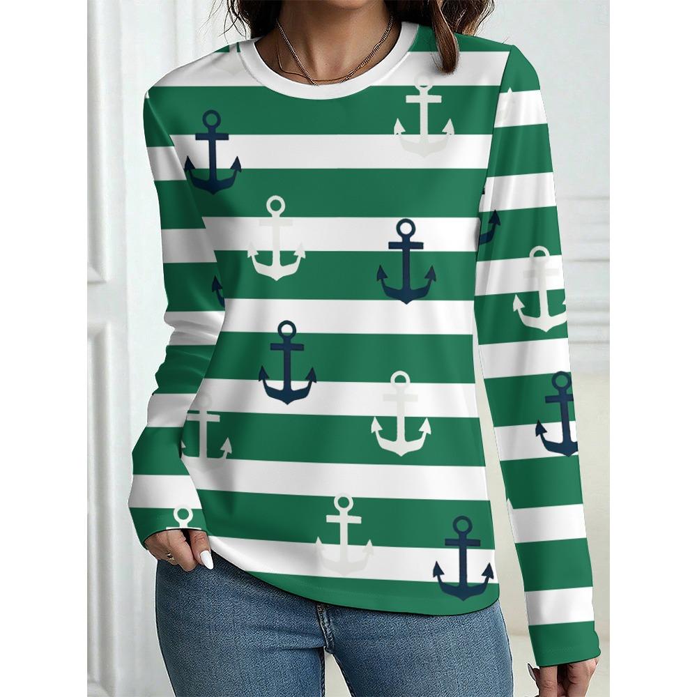 Damen T-Shirt Outdoor Freizeit Langarm Gestreift Anker Muster 3D Druck Oberteile Straße Rundhals Herbst Übergroß Kleidung
