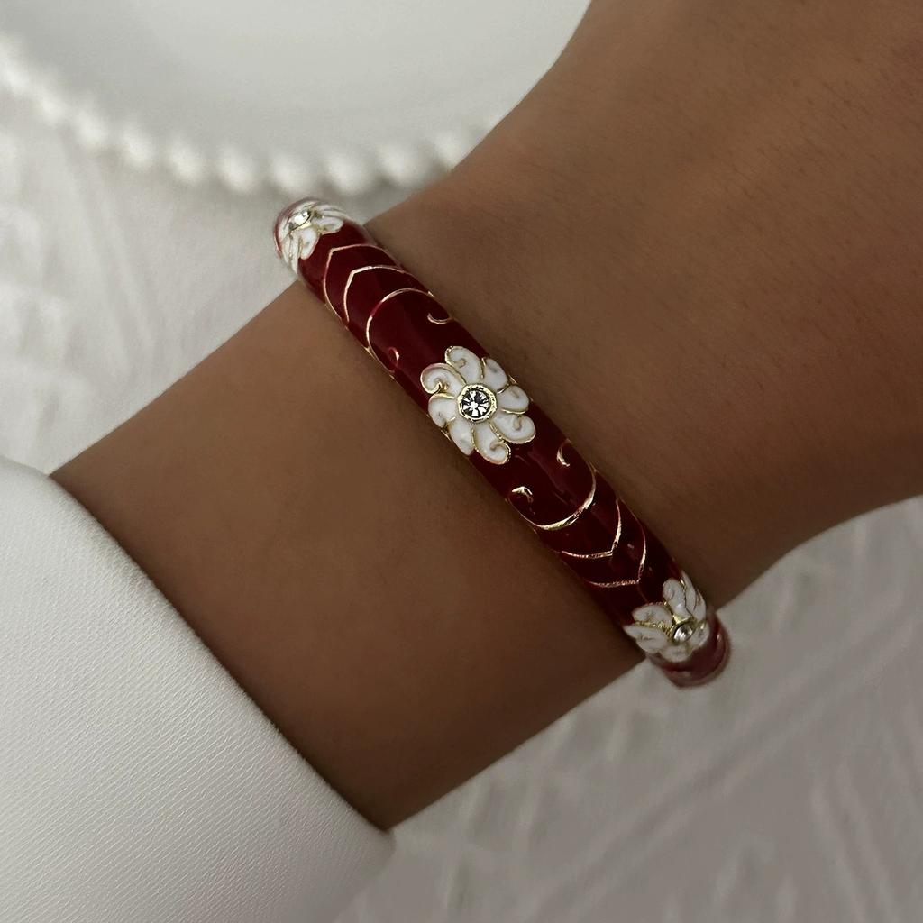 Retro New Trend Enamel Dropped Glaze Flower Texture Bracelet for Women Unique Design Evil Eye Floral Zircon Bangle Party Jewelry