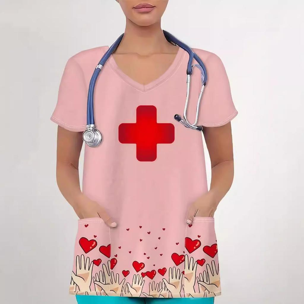 Romantic Pink Butterfly 3D Digital Print Women's Pocket V-neck Pullover Short Sleeved T-shirt Hospital Protective Apparel