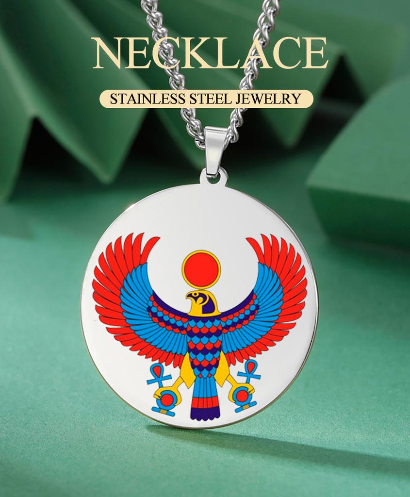 Dawapara Pharaonic Horus Necklace Winged Sun Disk Horus Falcon Necklace Ancient Egyptian Guardian Amulet Stainless Steel Jewelry