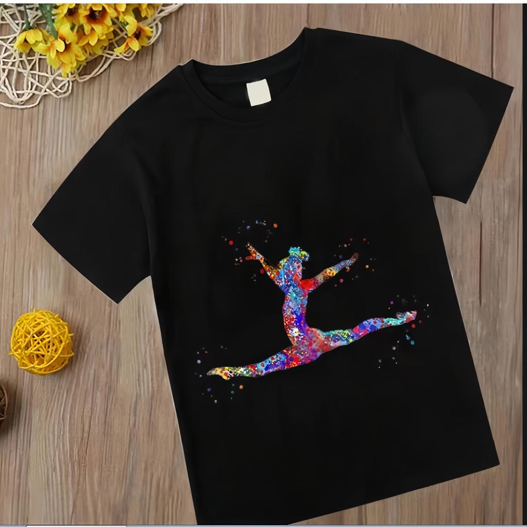 Abbigliamento Estivo per Bambine T-shirt per Bambini con Stampa Acquerello 3D Danza T-shirt Nera a Maniche Corte per Bambine Top Sportivi Regalo di Compleanno