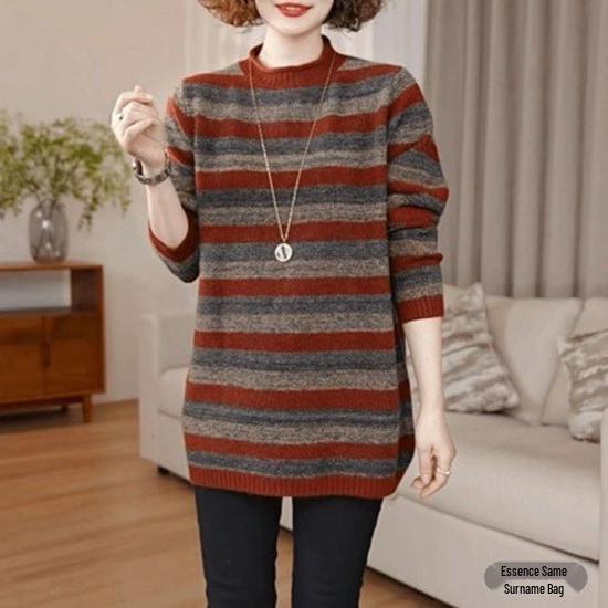 Women's Stylish Striped Sweater: Round Neck, Loose, Slimming, Warm Knitwear for Autumn and Winter.