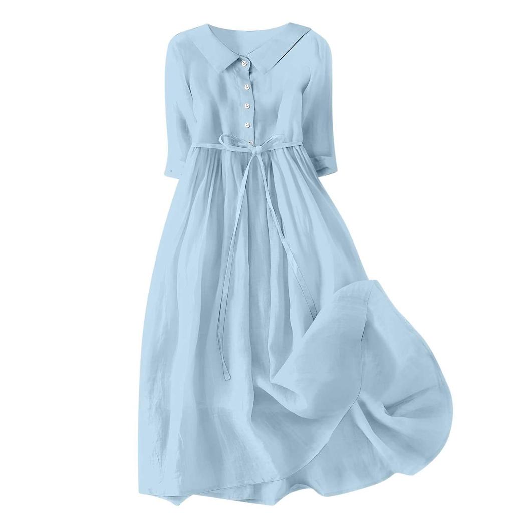 2024 Summer Trendy Lapel Dress: Cotton & Linen, Five-Point Sleeve, Long Skirt