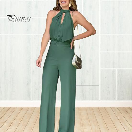

Женский комбинезон с открытой спиной, без рукавов, с бретелькой на шее, с открытой высокой тонкой талией, плиссированный, с широкими штанинами, чистый цвет, комбинезон для выпускного вечера S зелёный