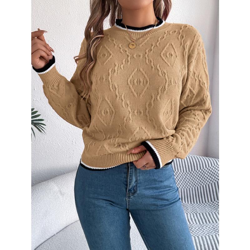 Autumn and Winter Women's Casual Color Blocking Twist Long Sleeve Pullover Sweater