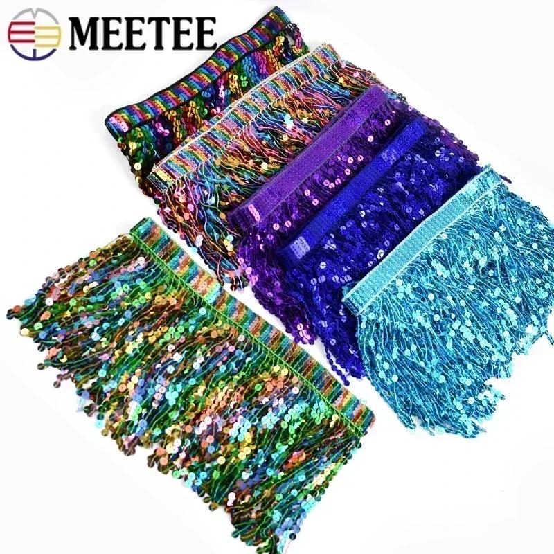 Meetee 1/2/3 Yards 16cm Paillettenfransen Quasten Ethnisches Spitzenbesatzband Fransen Latin Dance Rock Bekleidungsverzierung Nähzubehör